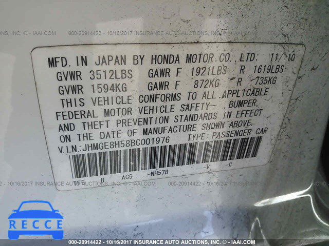 2011 Honda FIT JHMGE8H58BC001976 image 8