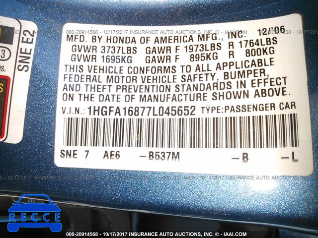 2007 Honda Civic 1HGFA16877L045652 зображення 8