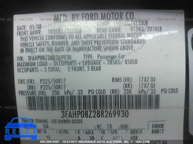 2008 Ford Fusion 3FAHP08Z28R269930 Bild 8