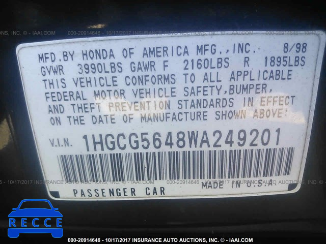 1998 HONDA ACCORD 1HGCG5648WA249201 image 8