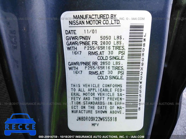 2002 Nissan Pathfinder JN8DR09X22W655918 image 8