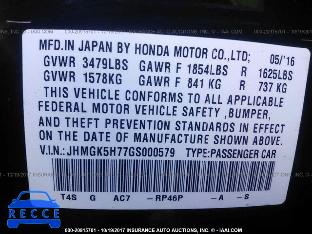 2016 HONDA FIT JHMGK5H77GS000579 image 8