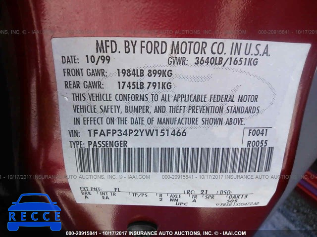 2000 FORD FOCUS 1FAFP34P2YW151466 image 8