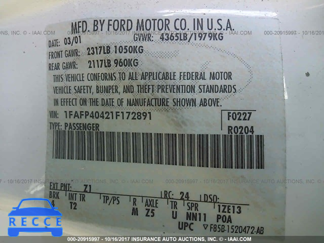 2001 Ford Mustang 1FAFP40421F172891 Bild 8