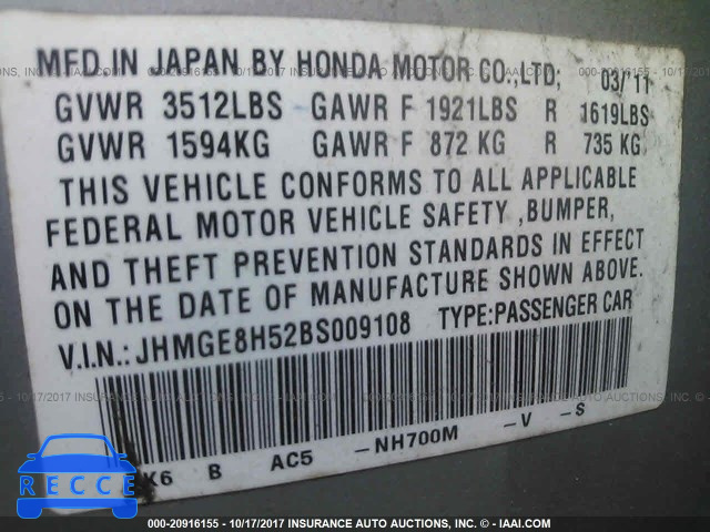 2011 Honda FIT SPORT JHMGE8H52BS009108 image 8