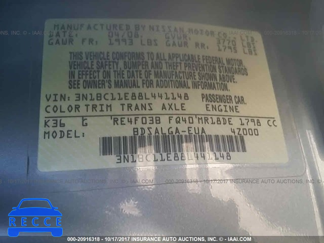 2008 Nissan Versa S/SL 3N1BC11E88L441148 image 8