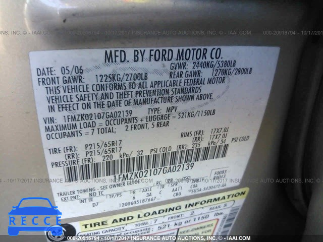 2007 FORD FREESTYLE 1FMZK02107GA02139 Bild 8