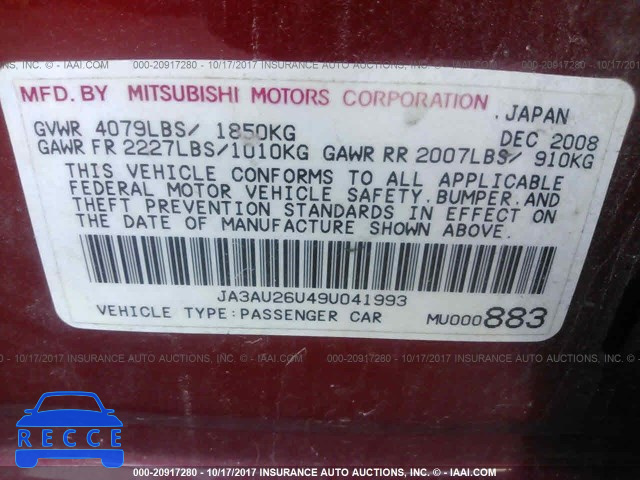 2009 Mitsubishi Lancer JA3AU26U49U041993 image 8