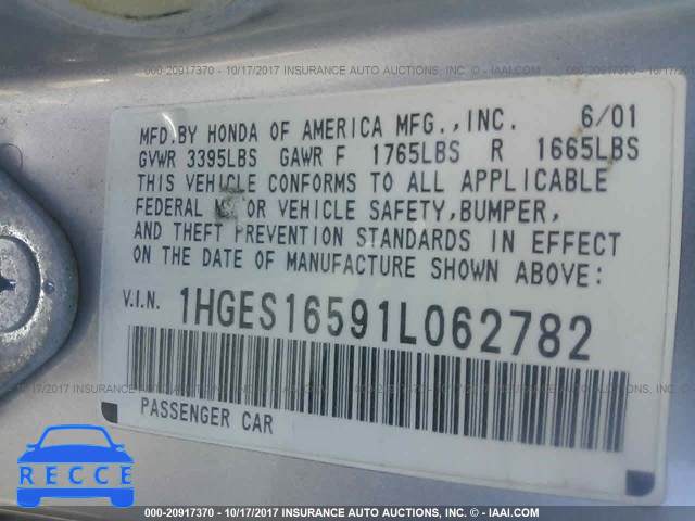 2001 Honda Civic 1HGES16591L062782 image 8