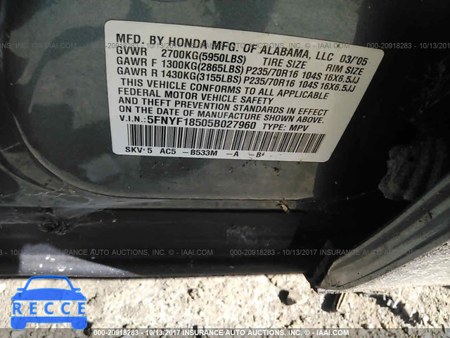 2005 Honda Pilot 5FNYF18505B027960 image 8