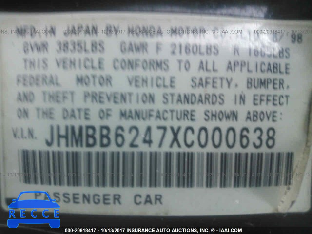 1999 Honda Prelude JHMBB6247XC000638 image 8