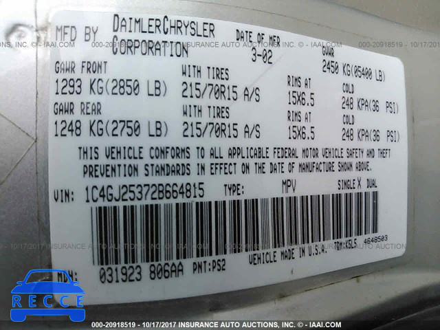 2002 Chrysler Voyager 1C4GJ25372B664815 Bild 8