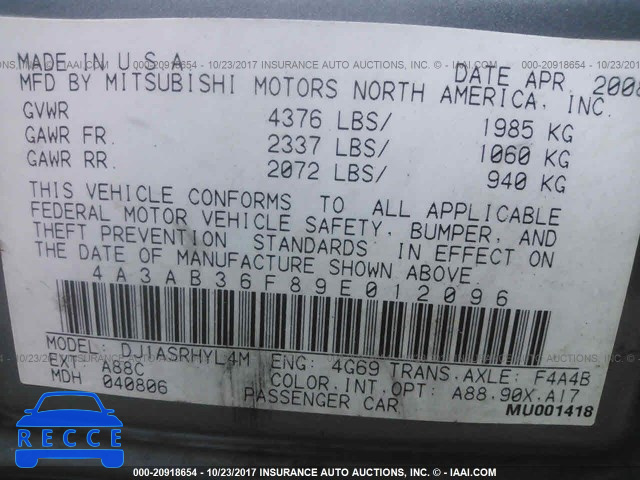 2009 MITSUBISHI GALANT ES 4A3AB36F89E012096 image 8