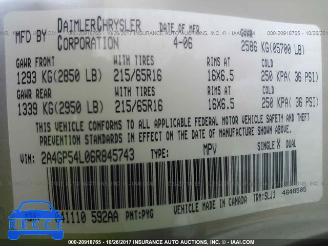 2006 Chrysler Town and Country 2A4GP54L06R845743 image 8