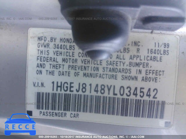 2000 Honda Civic 1HGEJ8148YL034542 image 8