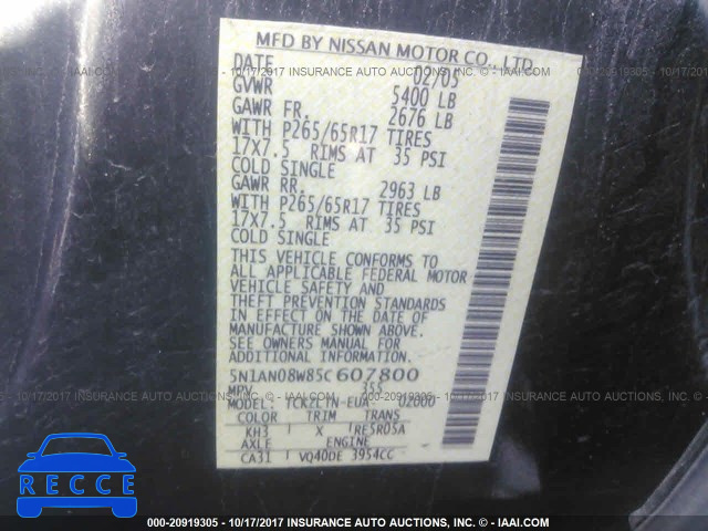 2005 Nissan Xterra 5N1AN08W85C607800 image 8