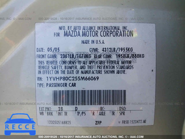 2005 Mazda 6 I 1YVHP80C255M66069 зображення 8