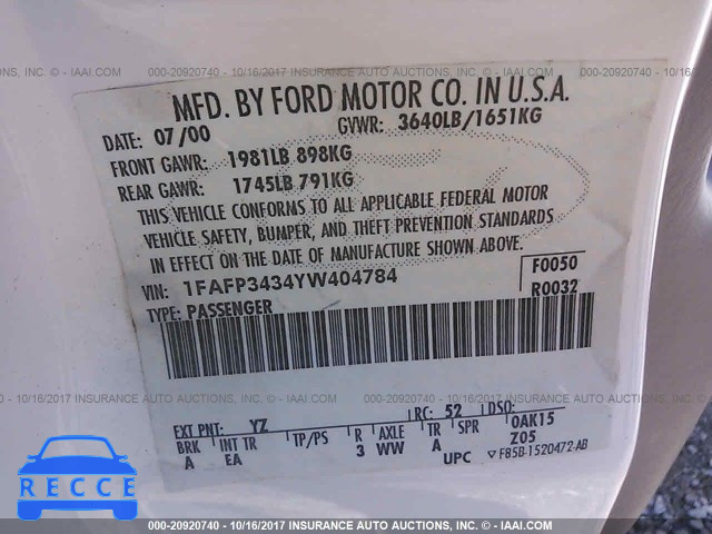 2000 FORD FOCUS 1FAFP3434YW404784 image 8