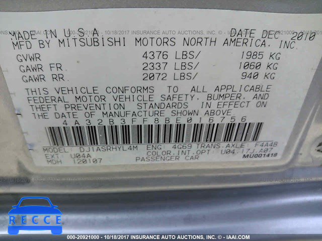 2011 Mitsubishi Galant ES/SE 4A32B3FF8BE016756 image 8