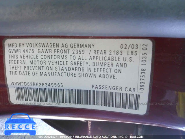 2003 Volkswagen Passat GLS WVWPD63B63P349565 image 8