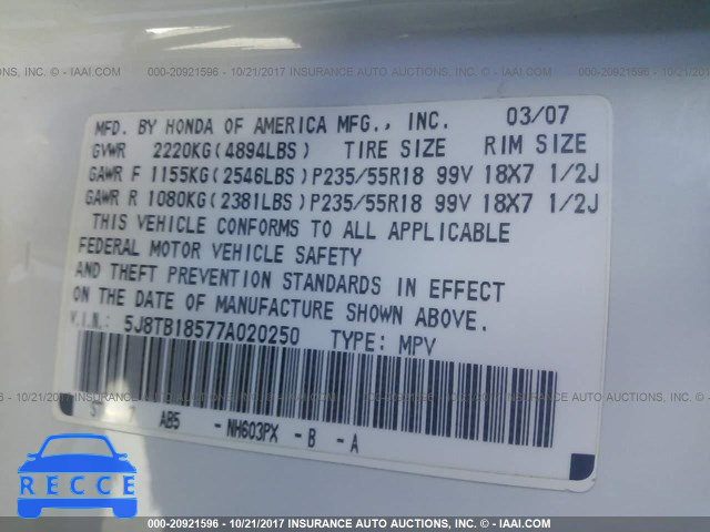 2007 Acura RDX TECHNOLOGY 5J8TB18577A020250 image 8