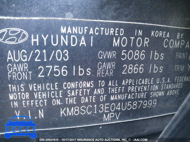 2004 Hyundai Santa Fe KM8SC13E04U587999 image 8