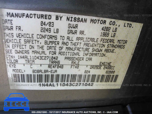 2003 Nissan Altima 1N4AL11D43C271042 image 8