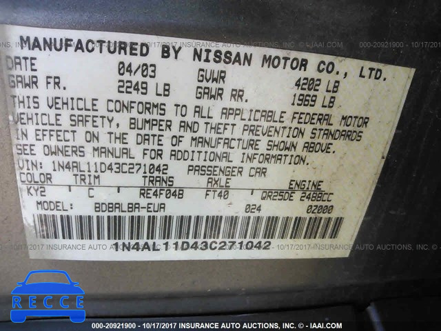 2003 Nissan Altima 1N4AL11D43C271042 зображення 8