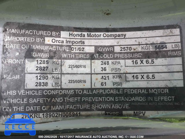 2002 HONDA ODYSSEY 2HKRL18902H005941 image 8