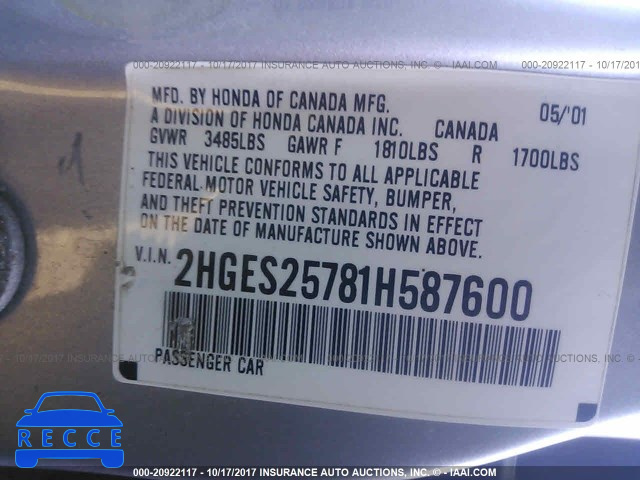 2001 Honda Civic 2HGES25781H587600 image 8