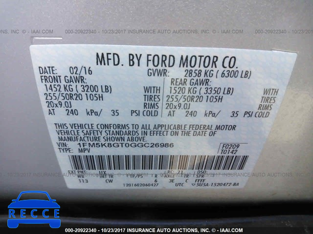 2016 Ford Explorer 1FM5K8GT0GGC26986 image 8