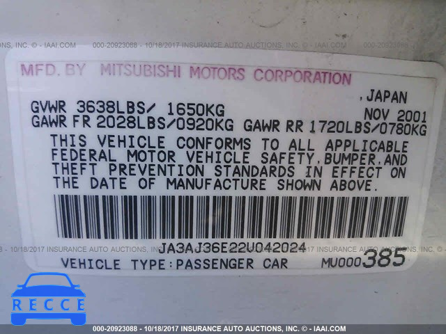 2002 MITSUBISHI LANCER LS JA3AJ36E22U042024 Bild 8