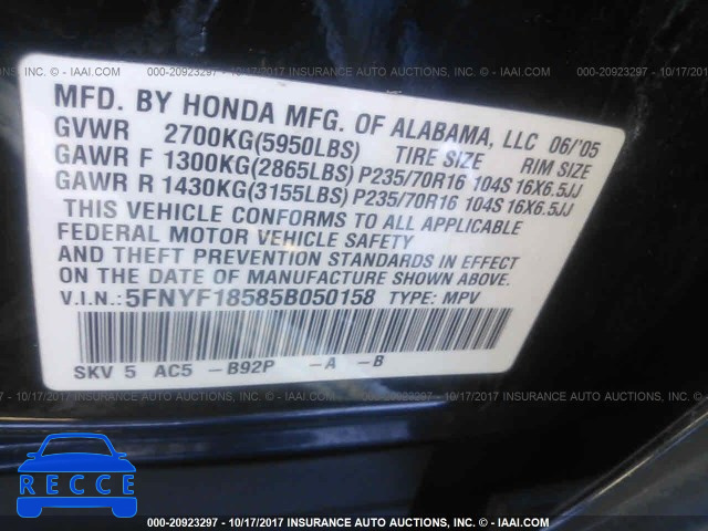 2005 Honda Pilot EXL 5FNYF18585B050158 image 8