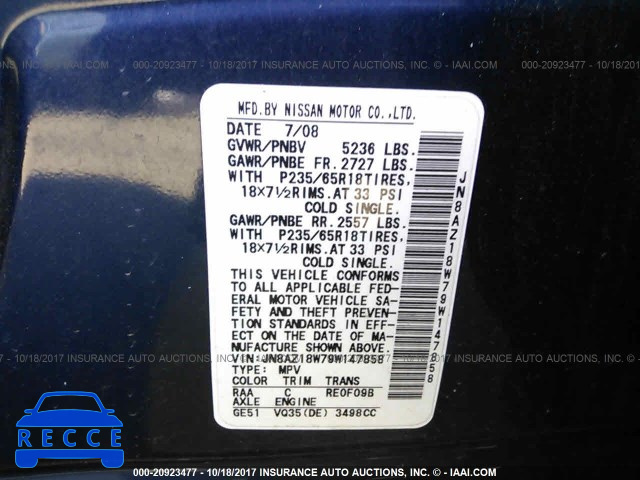 2009 Nissan Murano S/SL/LE JN8AZ18W79W147858 image 8