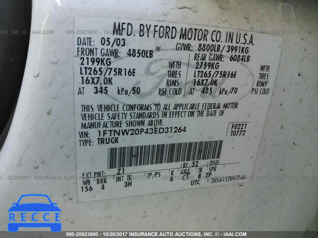 2003 Ford F250 SUPER DUTY 1FTNW20P43ED31264 image 8