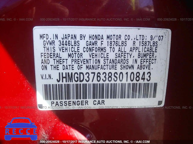 2008 Honda FIT SPORT JHMGD37638S010843 image 8