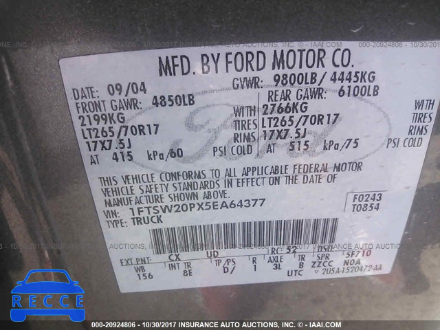 2005 Ford F250 SUPER DUTY 1FTSW20PX5EA64377 зображення 8
