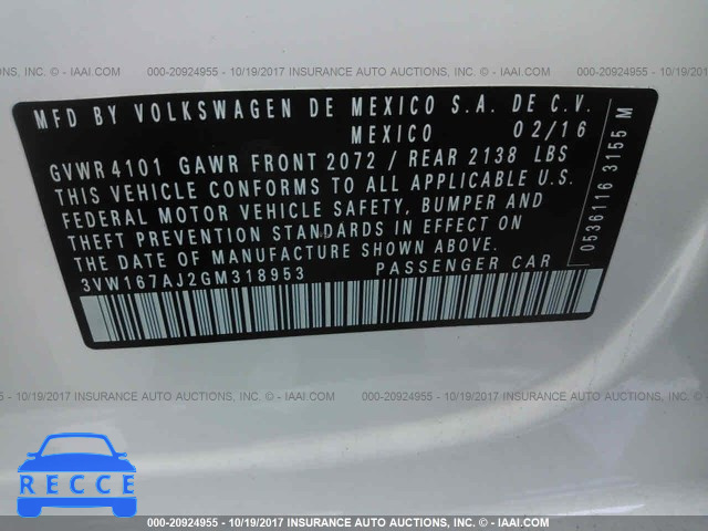 2016 VOLKSWAGEN JETTA S 3VW167AJ2GM318953 image 8