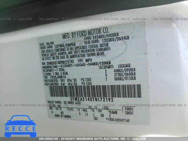 2000 Ford Windstar LX 2FMZA514XYBC72192 image 8