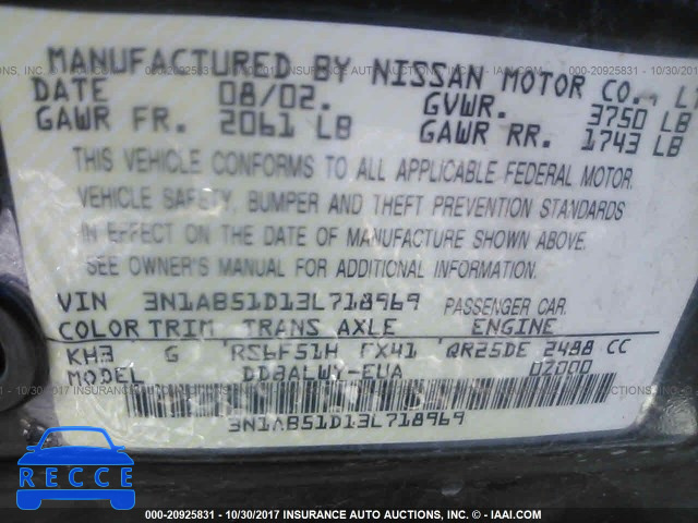 2003 Nissan Sentra 3N1AB51D13L718969 зображення 8