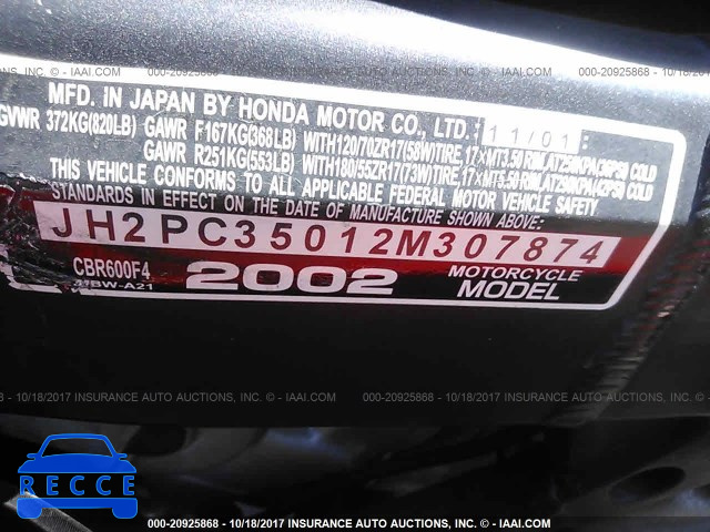 2002 Honda CBR600 JH2PC35012M307874 Bild 9