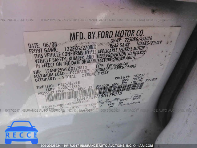 2008 Ford Taurus LIMITED 1FAHP25W18G179813 image 8