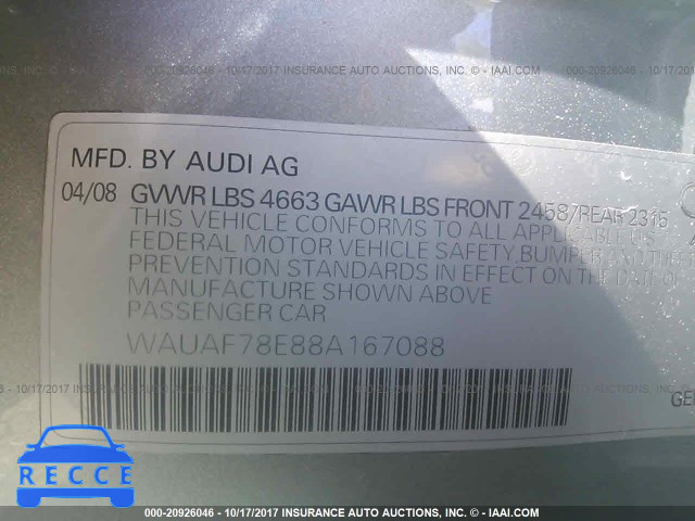 2008 Audi A4 2.0T WAUAF78E88A167088 зображення 8