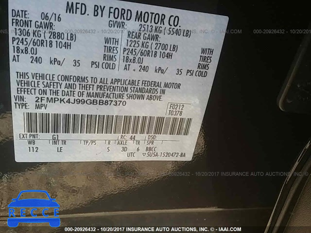 2016 Ford Edge SEL 2FMPK4J99GBB87370 зображення 8