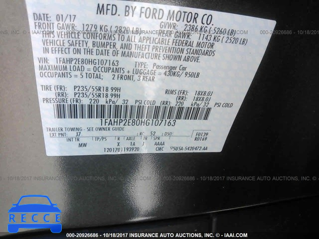 2017 FORD TAURUS SEL 1FAHP2E80HG107163 image 8