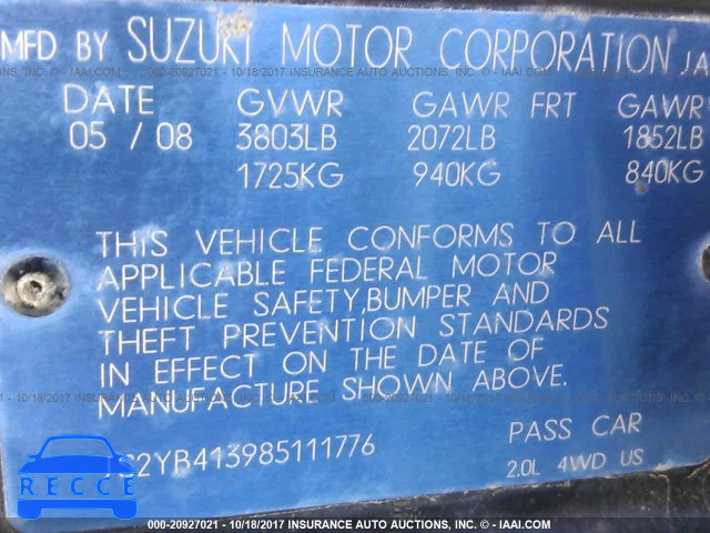 2008 Suzuki SX4 CONVENIENCE JS2YB413985111776 image 8