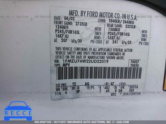 2002 FORD EXPLORER 1FMZU74W22UD22519 image 8