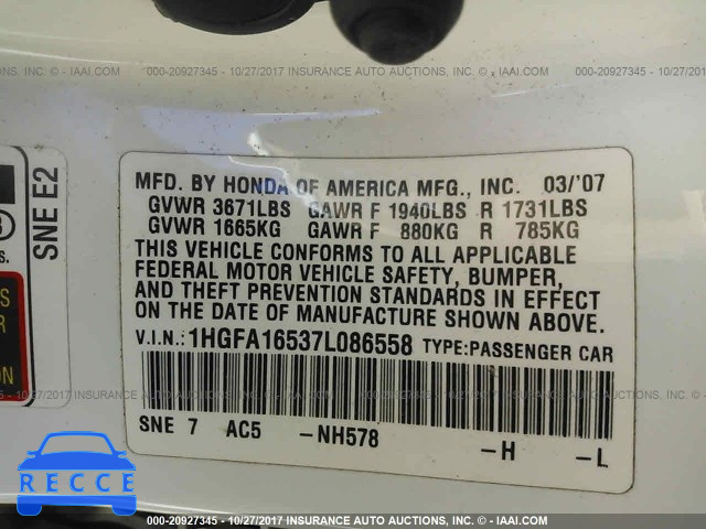2007 Honda Civic 1HGFA16537L086558 зображення 8