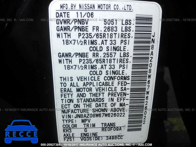 2007 Nissan Murano JN8AZ08W67W626022 зображення 8