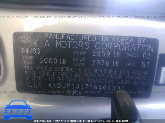 2003 KIA Sedona KNDUP131736464301 image 8